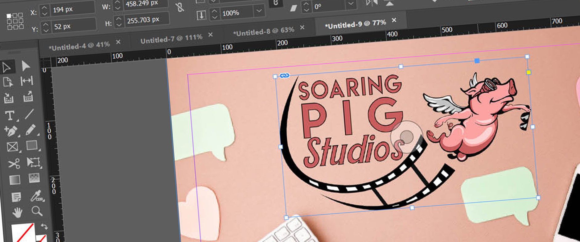 A close-up of a digital design workspace showcasing creative marketing in action at Soaring Pig Studios, with the logo being edited in graphic design software.