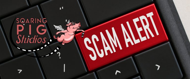 A black computer keyboard with a red "SCAM ALERT" key, featuring the Soaring Pig Studios logo with a flying pig. Symbolizing Soaring Pig Studios' warning about the issue of fake engagement in click-to-message ads