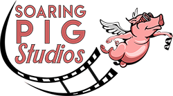 The Soaring Pig Studios logo features a winged pig with aviator glasses, holding sunglasses and flying ahead of a film strip.