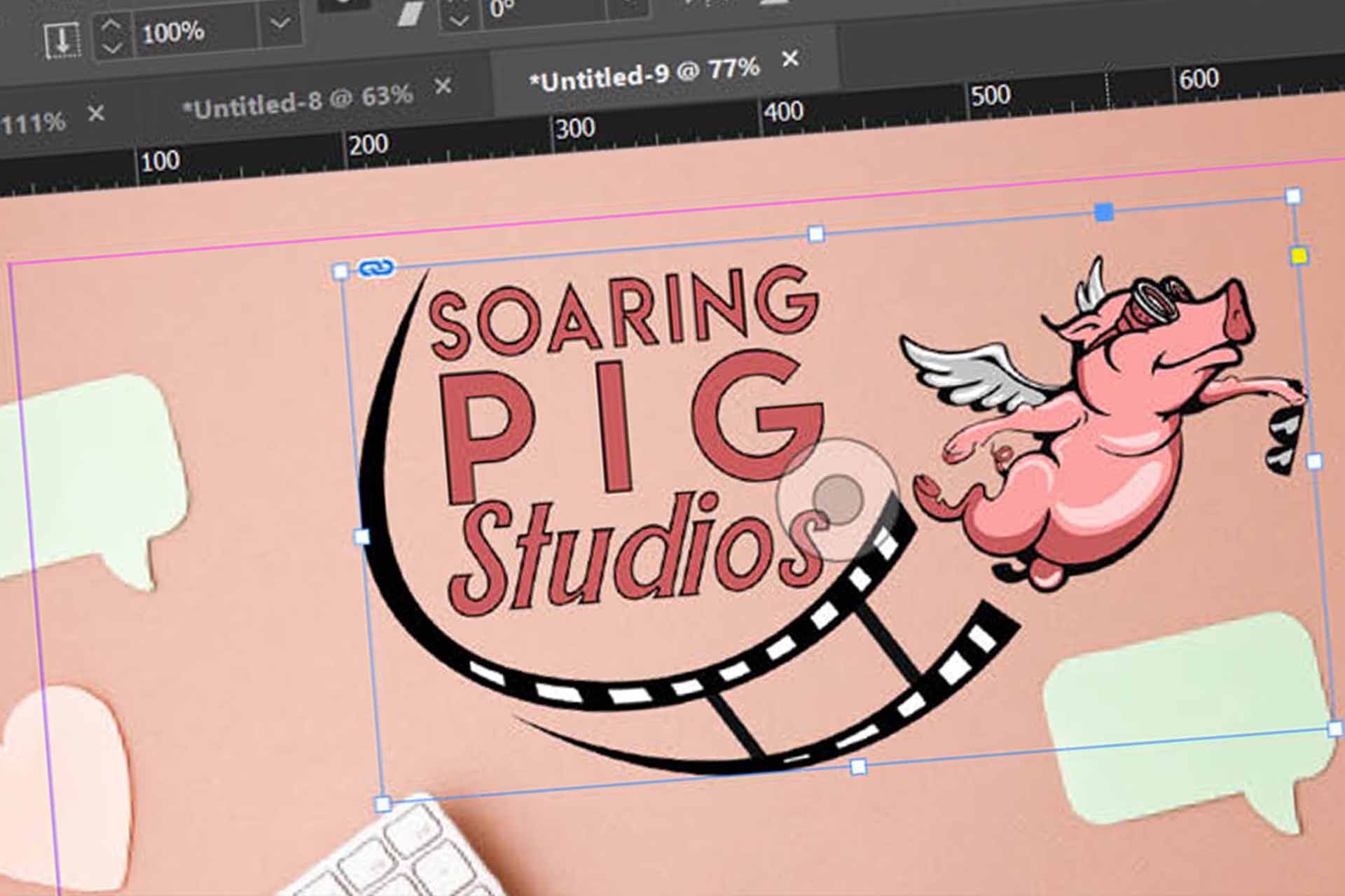 Soaring Pig Studios logo displayed on a digital design workspace, featuring a flying pig with a film reel tail, symbolizing creativity and media production in our Crative Marketing Solutions.