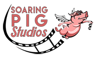 The Soaring Pig Studios logo features a winged pig with aviator glasses, holding sunglasses and flying ahead of a film strip.